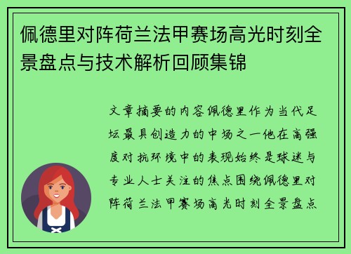 佩德里对阵荷兰法甲赛场高光时刻全景盘点与技术解析回顾集锦